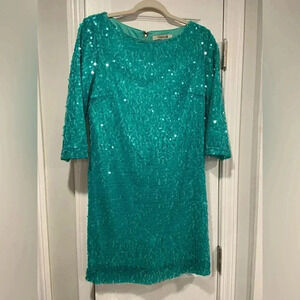 Forever 21 Green Sequin Party Dress 3/4 Sleeve Scoop Neck Back  Zip Size M